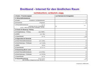 Breitband - Internet für den ländlichen Raum
                                         rechtskonform, verlässlich, zügig
3. Kosten- / Finanzierungsplan                                       zum Nachweis der Antragsdaten
3.1 Wirtschaftlichkeitslücke
a) Kosten                      (Investitions- und Betriebskosten)                                                              €
b) Einnahmen                                          (Prognose)                                                         -     €
c) Wirtschaftlichkeitslücke                                (a – b)
                              (unterliegt nicht der Umsatzsteuer)    €
            (i.d.R. <= 490.122 € bei einem Fördersatz v. 87,5%)

3.2 Kosten für Beratung / Prüfung
a) Antragsberatung / - Prüfung                      (excl. MWSt.)                                                              €
b) MWSt.                                               (z.Z. 19%)                                                              €
c) Gesamtkosten                                            (a + b)                                                             €
3.3 Eigenmittel der Gemeinde
a) Anteil Wirtschaftlichkeitslücke                   (z.Z. 12,5%)                                                              €
b) Anteil Beratungs- / Prüfkosten                     (z.Z. 12,5%)                                                             €
c) MWSt.                                                   (3.2 b)                                                             €
d) Gesamtkosten                                        (a + b + c)                                                             €
3.4 Zuwendung (Bund, Land)
a) Anteil Wirtschaftlichkeitslücke                   (z.Z. 87,5%)                                                              €
b) Anteil Beratungs- / Prüfkosten                     (z.Z. 87,5%)                                                             €
c) Gesamtkosten                                            (a + b)                                                             €
3.5 Gesamtfinanzierung                           (3.3 d + 3.4 c)                                                               €
                (das Vorhaben ist begrenzt auf max. 500.000 €)


                                                                                                     H. Haupt; MLU, 52 – DB-BB Feb.2010
 