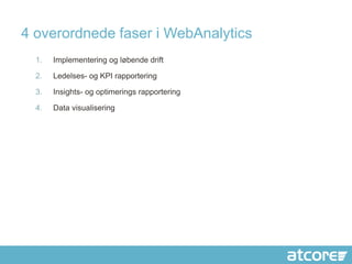 4 overordnede faser i WebAnalytics
  1.   Implementering og løbende drift

  2.   Ledelses- og KPI rapportering

  3.   Insights- og optimerings rapportering

  4.   Data visualisering
 