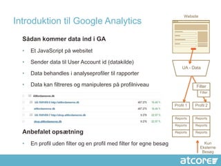 Website
Introduktion til Google Analytics
  Sådan kommer data ind i GA
  •   Et JavaScript på websitet

  •   Sender data til User Account id (datakilde)
                                                                         UA - Data
  •   Data behandles i analyseprofiler til rapporter

  •   Data kan filtreres og manipuleres på profilniveau                         Filter
                                                                                    Filter


                                                                     Profil 1   Profil 2


                                                                     Reports    Reports

                                                                     Reports    Reports

  Anbefalet opsætning                                                Reports    Reports


  •   En profil uden filter og en profil med filter for egne besøg                    Kun
                                                                                    Eksterne
                                                                                     Besøg
 