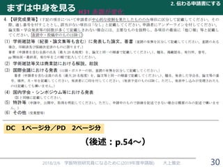 まずは中身を見る
2018/3/6 学振特別研究員になるために(2019年度申請版) 大上雅史
DC 1ページ分／PD 2ページ分
（後述：p.54～）
2. 伝わる申請書にする
30
H31
 