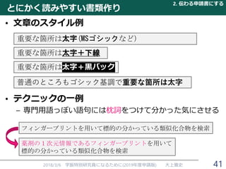 重要な箇所は太字＋黒バック
• 文章のスタイル例
• テクニックの一例
– 専門用語っぽい語句には枕詞をつけて分かった気にさせる
とにかく読みやすい書類作り
2018/3/6 学振特別研究員になるために(2019年度申請版) 大上雅史
重要な箇所は太字(MSゴシックなど）
重要な箇所は太字＋下線
フィンガープリントを用いて標的の分かっている類似化合物を検索
薬剤の１次元情報であるフィンガープリントを用いて
標的の分かっている類似化合物を検索
普通のところもゴシック基調で重要な箇所は太字
2. 伝わる申請書にする
41
 