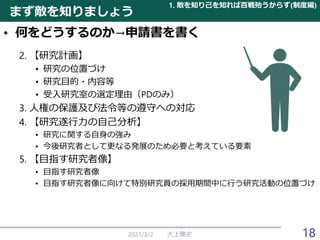 まず敵を知りましょう
• 何をどうするのか→申請書を書く
2. 【研究計画】
• 研究の位置づけ
• 研究目的・内容等
• 受入研究室の選定理由（PDのみ）
3. 人権の保護及び法令等の遵守への対応
4. 【研究遂行力の自己分析】
• 研究に関する自身の強み
• 今後研究者として更なる発展のため必要と考えている要素
5. 【目指す研究者像】
• 目指す研究者像
• 目指す研究者像に向けて特別研究員の採用期間中に行う研究活動の位置づけ
2021/3/2 大上雅史
1. 敵を知り己を知れば百戦殆うからず(制度編)
18
 