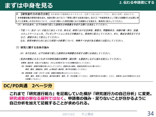 まずは中身を見る
2021/3/2 大上雅史
2. 伝わる申請書にする
34
これまで「研究遂行能力」を記載していた欄が「研究遂行力の自己分析」に変更。
研究成果の単なる羅列ではなく、申請者の強み・足りないことが分かるように
自己分析を加えて記載することが求められる。
DC/PD共通 2ページ分
 