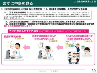 2021/3/2 大上雅史 39
→ 5.【目指す研究者像】とのつながりを意識
５．【目指す研究者像等】※各事項の字数制限はありませんが、全体で１頁に収めてください。様式の変更・追加は不可
日本学術振興会特別研究員制度は、我が国の学術研究の将来を担う創造性に富んだ研究者の養成・確保に資することを目的とし
ています。この目的に鑑み、(1)「目指す研究者像」、(2)「目指す研究者像に向けて特別研究員の採用期間中に行う研究活動の位
置づけ」を記入してください。
4.【研究遂行力の自己分析】(2)今後研究者として更なる発展のために必要と考えている要素
5.【目指す研究者像等】(2)目指す研究者像に向けて特別研究員の採用期間中に行う研究活動の位置づけ
目指す研究者像 目指す研究者像に対して
自分に足りないこと
DC/PDの研究活動を通じて
目指す研究者像に近づく
書くことの雰囲気が似ている！？
5. (1)で書く
4. (2)で書く 5. (2)で書く
大上の考えるおすすめ構成（※こう書かなきゃいけないというわけではありません）
まずは中身を見る
2. 伝わる申請書にする
4.【研究遂行力の自己分析】(2) の書き方
 