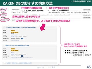 KAKEN DBのおすすめ検索方法
2021/3/2 大上雅史
「特別研究員奨励費」 （＋若手研究や基盤研究(C)）
自分の分野に近そうなもの
古すぎても微妙なので、とりあえず2015年以降など
出てきたタイトルや
キーワードなどを参考にする
こっちがDC1/DC2/PD等 こっちは大人の科研費種目
（他にも色々あるが、金額がでかいとタイトルが壮大になる傾向。）
2. 伝わる申請書にする
45
「●●●による●●の開発と●●」
「●●●による●●の●●」
みたいなパターンが多い？
 
