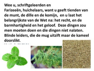Wee u, schriftgeleerden en
Farizeeën, huichelaars, want u geeft tienden van
de munt, de dille en de komijn, en u laat het
belangrijkste van de Wet na: het recht, en de
barmhartigheid en het geloof. Deze dingen zou
men moeten doen en die dingen niet nalaten.
Blinde leiders, die de mug uitzift maar de kameel
doorslikt.
Mattheüs 23:23,24
 