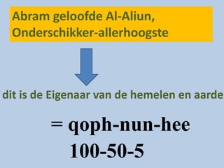 Abram geloofde Al-Aliun,
Onderschikker-allerhoogste
dit is de Eigenaar van de hemelen en aarde
= qoph-nun-hee
100-50-5
 