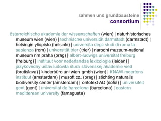 rahmen und grundbausteine

consortium
österreichische akademie der wissenschaften (wien) | naturhistorisches
museum wien (wien) | technische universität darmstadt (darmstadt) |
helsingin yliopisto (helsinki) | universita degli studi di roma la
sapienza (rom) | universität trier (trier) | narodni muzeum-national
museum nm praha (prag) | albert-ludwigs universität freiburg
(freiburg) | instituut voor nederlandse lexicologie (leiden) |
jazykovedny ustav ludovita stura slovenskej akademie vied
(bratislava) | kinderbüro uni wien gmbh (wien) | KNAW meertens
instituut (amsterdam) | musoft cz. (prag) | stichting naturalis
biodiversity center (amsterdam) | ontotext AD (sofia) | universiteit
gent (gent) | universitat de barcelona (barcelona) | eastern
meditterean university (famagusta)

 