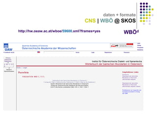 II.a: realisierung

daten + formate

CNS | WBÖ @ SKOS
http://hw.oeaw.ac.at/wboe/59600.xml?frames=yes

WBÖd

 
