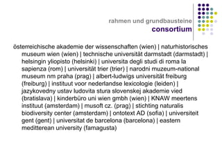 rahmen und grundbausteine

consortium
österreichische akademie der wissenschaften (wien) | naturhistorisches
museum wien (wien) | technische universität darmstadt (darmstadt) |
helsingin yliopisto (helsinki) | universita degli studi di roma la
sapienza (rom) | universität trier (trier) | narodni muzeum-national
museum nm praha (prag) | albert-ludwigs universität freiburg
(freiburg) | instituut voor nederlandse lexicologie (leiden) |
jazykovedny ustav ludovita stura slovenskej akademie vied
(bratislava) | kinderbüro uni wien gmbh (wien) | KNAW meertens
instituut (amsterdam) | musoft cz. (prag) | stichting naturalis
biodiversity center (amsterdam) | ontotext AD (sofia) | universiteit
gent (gent) | universitat de barcelona (barcelona) | eastern
meditterean university (famagusta)

 