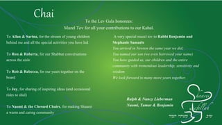 A very special mazel tov to Rabbi Benjamin and
Stephanie Samuels
You arrived in Newton the same year we did;
You named our son (we even borrowed your name)
You have guided us, our children and the entire
community with tremendous leadership, sensitivity and
wisdom
We look forward to many more years together.
To Allan & Sarina, for the stream of young children
behind me and all the special activities you have led
To Ron & Roberta, for our Shabbat conversations
across the aisle
To Rob & Rebecca, for our years together on the
board
To Jay, for sharing of inspiring ideas (and occasional
rides to shul)
To Naomi & the Chessed Chairs, for making Shaarei
a warm and caring community
Ralph & Nancy Lieberman
Naomi, Tamar & Benjamin
To the Lev Gala honorees:
Mazel Tov for all your contributions to our Kahal.
Chai
 