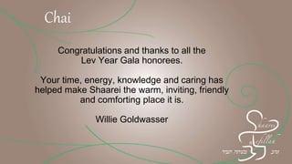 Congratulations and thanks to all the
Lev Year Gala honorees.
Your time, energy, knowledge and caring has
helped make Shaarei the warm, inviting, friendly
and comforting place it is.
Willie Goldwasser
Chai
 