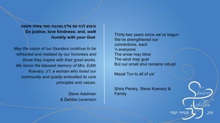 Mazel Tov to Rob
and Rebecca!
With pride and admiration
For giving of yourselves
To family, friends and
community
All our love,
Daryl and Charles Kaplan
Congratulations to all
our friends and honorees
From Our Hearts to
Yours
Sabina and Richard
Feczko
 