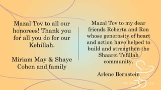 A hearty mazal tov to
my dear friends Sarina
and Allan. There
couldn't be a more
deserving couple!
Susan Permut
Mazel Tov to Rob
and Rebecca for this
well-deserved honor.
Jane and Ed Rabin
 