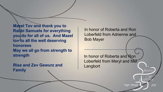 In gratitude to the Kahal and
its dedicated Leaders.
Lester and Ethel Segal
In Honor of Congregation Shaarei Tefillah's
Lev Year and Shira, Mark, Talia, Ayelet and
Galit Ravera with much love,
Judy and Jay Rosenstein
I am proud to call Sarina and Alan Steinmetz my
friend/family...and proud of the wonderful example
they set for all of us. A life of Chesed and a
commitment to performance of Mitzvot. Their
leadership is a brachah to the entire Jewish
community. May Hashem bless you with good
health, happiness and much Nachas. May you
and all the honorees go Michayil El Chauyil
Yitz Magence
In Honor of Ron and Roberta Loberfeld!
Larry Litwak
 