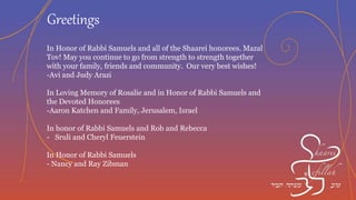 Mazel tov to all the honorees
- With best wishes, Naomi & Carl Lopkin and family
A well deserved honor to our long time wonderful friends, Sarina
and Allan. Mazal Tov!
- Marty and Rita Jerome
With deep gratitude to all the honorees for their extraordinary
commitment and leadership.
- Shira and David Starobinski
Congratulations to all the honorees
- Sally and Herb Kepnes
Greetings
 