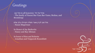 In Honor of Rabbi Samuels and all of the Shaarei honorees. Mazal
Tov! May you continue to go from strength to strength together
with your family, friends and community. Our very best wishes!
-Avi and Judy Arazi
In Loving Memory of Rosalie and in Honor of Rabbi Samuels and
the Devoted Honorees
-Aaron Katchen and Family, Jerusalem, Israel
In honor of Rabbi Samuels and Rob and Rebecca
- Sruli and Cheryl Feuerstein
In Honor of Rabbi Samuels
- Nancy and Ray Zibman
Greetings
 