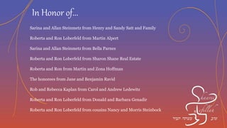 In Honor of...
Jay Berkovitz from Gregg Stern
All the honorees from Judy and David Diamond
Roberta and Ron Loberfeld from Lenore and Tony Martin
Rabbi Samuels, Sarina & Allan, Naomi, Ron & Roberta, Rebecca & Rob, &
Jay from Shoshana Razel Gordon Guedalia
Jay Berkovitz from Mark Rosen
Rabbi and Stephanie Samuels from David and Orlee Berlove
Rob and Rebecca Kaplan from Charlie & Wendy Fine
Shaarei Tefillah from Jeralyn Ellowitz
Roberta and Ron Loberfeld from Gayle and Alan Pinshaw
 