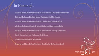 Rob and Rebecca from Ingrid and David Edery
Roberta and Ron Loberfeld from Pam and Howard Farber
Rabbi Benjamin Samuels from Michael Josephson
Roberta and Ron Loberfeld from Patrick Leahy/Boston Private Bank
Allan and Sarina Steinmetz from Tsvi and Malkie Schur
All the honorees from Yoel Schultz
Sarina and Allan Steinmetz from Rachel Safer
Jay Berkowitz from Susie and Nahum Swinkin, Denver
In Honor of...
 