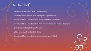 Roberta and Ron Loberfeld from Isidore and Deborah Berenbaum
Rob and Rebecca Kaplan from Clark and Debbie Arden
Roberta and Ron Loberfeld from Gerald and Patty Clarke
All those being celebrated from Sheila and Lee Mondshein
Roberta and Ron Loberfeld from Sandra and Phillip Davidson
Rabbi Samuels from Judy and Jeff Remz
All the honorees from Judi Roth
Roberta and Ron Loberfeld from Joe Richardi/Eastern Bank
Roberta and Ron Loberfeld from Diane and Mark Modest
In Honor of...
 