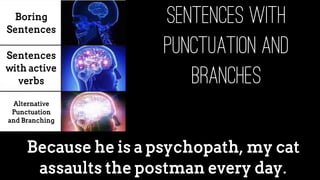 Boring
Sentences
Sentences with
Punctuation and
branches
Because he is a psychopath, my cat
assaults the postman every day.
Sentences
with active
verbs
Alternative
Punctuation
and Branching
 