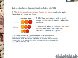 Qué aportan los medios sociales al marketing mix? (III)

El 78% de los usuarios activos en España lee blogs, según el estudio
Wave.3 de Universal Mc Cann.

                                      El 45,8% de los usuarios activos en el
                                      mundo escriben comentarios en los blogs
                                      que leen.

                                      El 31% de los lectores de blogs, lee todos
                                      los días, y otro 40% lee blogs con
                                      frecuencia semanal en España.

Ficha: Estudio Universal Mc Cann International Social Media Research
Wave.3, realizado entre 17.000 usuarios de internet, de edades
comprendidas entre 16 y 54 años, residentes en 29 países, nos ha ayudado
a comprender mejor la extensión de los medios sociales entre la población.
Cita y links en dosacero.com
 