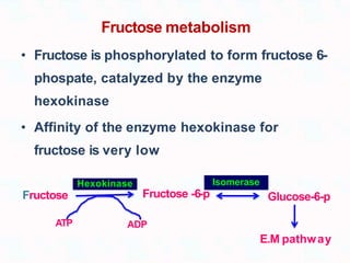 Fructose metabolism
• Fructose is phosphorylated to form fructose 6-
phospate, catalyzed by the enzyme
hexokinase
• Affinity of the enzyme hexokinase for
fructose is very low
Fructose Fructose -6-p Glucose-6-p
E.M pathway
ATP ADP
Hexokinase Isomerase
 
