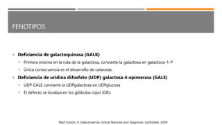 FENOTIPOS
 Deficiencia de galactoquinasa (GALK)
 Primera enzima en la ruta de la galactosa, convierte la galactosa en ga...