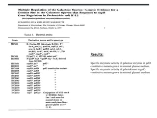 Results:
Specific enzymatic activity of galactose enzymes in galO
constitutive mutants grown in minimal glucose medium.
Specific enzymatic activity of galactokinase in galO
constitutive mutants grown in minimal glycerol medium
 