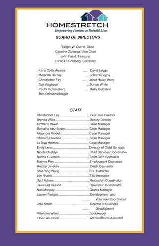 BOARD OF DIRECTORS

                   Rodger W. Charin, Chair
                Carmine Zarlenga, Vice Chair
                   John Fassl, Treasurer
                David C. Goldberg, Secretary

 Karin Collis Arnette                     ..... David Legge
  Meredith Hartley                           .....John Dapogny
  Christopher Fay                        ..... Janet Haley-Varre
  Saji Varghese                               ....Burton White
 Paulla Schlossberg                          .....Kelly Goldstein
 Tom Ochsenschlager




                              STAFF
Christopher Fay............................... ....Executive Director 
Brenda Wilks ........................................Deputy Director
Kimberly Baker.....................................Case Manager
Buthaina Abu-Bader.............................Case Manager
Alejandra Vindell..................................Case Manager
Shatiera Blevines.................................Case Manager
LaToya Holmes ....................................Case Manager
Emily Lena...........................................Director of Child Services
 Nicole Oostdyk.....................................Child Services Coordinator
 Norma Guerrero...................................Child Care Specialist
 Maryna Pim ..........................................Employment Counselor
 Heathy Lynskey  ...................................Credit Counselor
  Shin-Ying Wang...................................ESL Instructor
Lyn Rivero............................................ESL Instructor
Saul Adams..........................................Relocation Coordinator
Jawwaad Kaashif.................................Relocation Coordinator
 Nan Monday.........................................Grants Manager 
 Lauren Padgett.....................................Development and
                                               ........     Volunteer Coordinator 
 Jolie Smith............................................Director of Business
                                          ........    Development
Valentina Wood.................................... Bookkeeper
 Eliseo Asuncion....................................Administrative Assistant
 