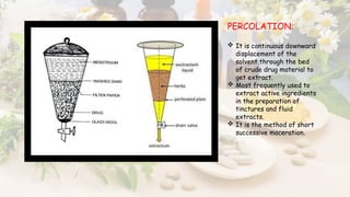 PERCOLATION:
 It is continuous downward
displacement of the
solvent through the bed
of crude drug material to
get extract.
 Most frequently used to
extract active ingredients
in the preparation of
tinctures and fluid
extracts.
 It is the method of short
successive maceration.
 