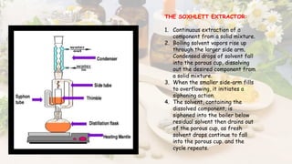 THE SOXHLETT EXTRACTOR:
1. Continuous extraction of a
component from a solid mixture.
2. Boiling solvent vapors rise up
through the larger side arm.
Condensed drops of solvent fall
into the porous cup, dissolving
out the desired component from
a solid mixture.
3. When the smaller side-arm fills
to overflowing, it initiates a
siphoning action.
4. The solvent, containing the
dissolved component, is
siphoned into the boiler below
residual solvent then drains out
of the porous cup, as fresh
solvent drops continue to fall
into the porous cup. and the
cycle repeats.
Soxhlet
 