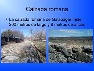 Calzada romana
• La calzada romana de Galapagar mide
200 metros de largo y 8 metros de ancho.
 