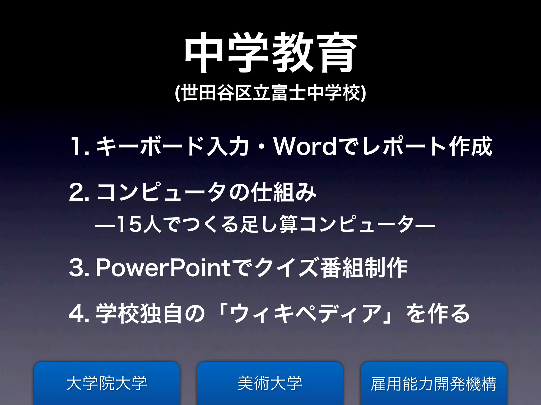 中学教育
        (世田谷区立富士中学校)


1. キーボード入力・Wordでレポート作成

2. コンピュータの仕組み
 ̶15人でつくる足し算コンピュータ̶

3. PowerPointでクイズ番組制作

4. 学校独自の「ウィキペディア」を作る


大学院大学      美術大学        雇用能力開発機構
 
