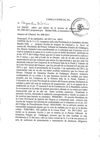 Sentencia de la Corte Provincial de Justicia del Guayas que libera al Aleman Dirk Bender