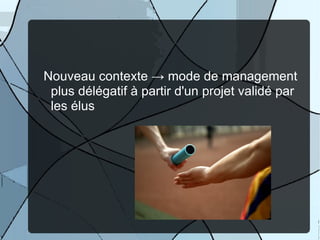 Nouveau contexte → mode de management
 plus délégatif à partir d'un projet validé par
 les élus




                                   42
 