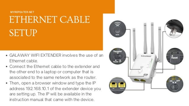 MYREPEATER-NET
ETHERNET CABLE
SETUP
GALAWAY WIFI EXTENDER involves the use of an
Ethernet cable.
Connect the Ethernet cable to the extender and
the other end to a laptop or computer that is
associated to the same network as the router.
Then, open a browser window and type the IP
address 192.168.10.1 of the extender device you
are setting up. The IP will be available in the
instruction manual that came with the device.
 