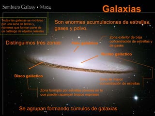 Galaxias
Todas las galaxias se nombran
por una serie de letras y
números que forman parte de
un catálogo de objetos celestes

Son enormes acumulaciones de estrellas,
gases y polvo.

Distinguimos tres zonas:

Zona exterior de baja
concentración de estrellas y
de gases

Halo galáctico

Núcleo galáctico

Disco galáctico

Zona de mayor
concentración de estrellas

Zona formada por estrellas jóvenes en la
que pueden aparecer brazos espirales

Se agrupan formando cúmulos de galaxias

 