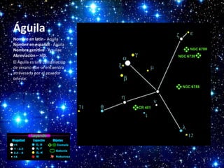 Águila
Nombre en latín - Aquila
Nombre en español - Águila
Nombre genitivo - Aquilae
Abreviación – AQL
El Águila es una constelación
de verano que se encuentra
atravesada por el ecuador
celeste.

 