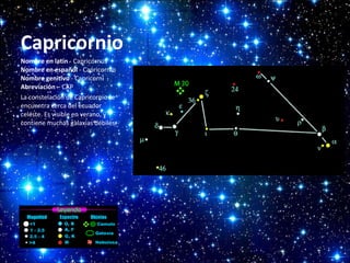 Capricornio
Nombre en latín - Capricornus
Nombre en español - Capricornio
Nombre genitivo - Capricorni
Abreviación – CAP
La constelación de Capricornio se
encuentra cerca del ecuador
celeste. Es visible en verano, y
contiene muchas galaxias débiles.

 