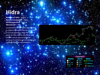 Hidra
Nombre en latín - Hydra
Nombre en español - Hidra
Nombre genitivo - Hydrae
Abreviación – Hay
La constelación de Hydra destaca por
su aspecto alargado que la convierte
en la más grande y larga del cielo. A
pesar de ello, Hydra sólo tiene una
estrella más o menos brillante,
aunque sí contiene varios objetos del
catálogo Messier interesantes.

 