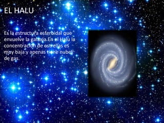 EL HALU
Es la estructura esferoidal que
envuelve la galaxia.En el Halu la
concentración de estrellas es
muy baja y apenas tiene nubes
de gas.

 

 