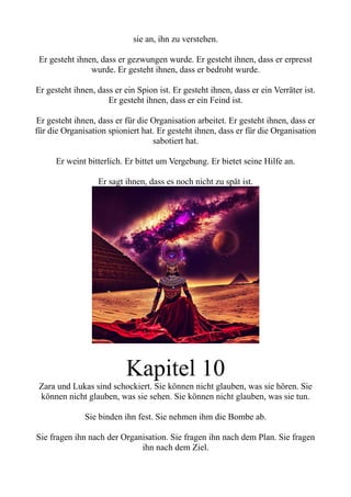 sie an, ihn zu verstehen.
Er gesteht ihnen, dass er gezwungen wurde. Er gesteht ihnen, dass er erpresst
wurde. Er gesteht ihnen, dass er bedroht wurde.
Er gesteht ihnen, dass er ein Spion ist. Er gesteht ihnen, dass er ein Verräter ist.
Er gesteht ihnen, dass er ein Feind ist.
Er gesteht ihnen, dass er für die Organisation arbeitet. Er gesteht ihnen, dass er
für die Organisation spioniert hat. Er gesteht ihnen, dass er für die Organisation
sabotiert hat.
Er weint bitterlich. Er bittet um Vergebung. Er bietet seine Hilfe an.
Er sagt ihnen, dass es noch nicht zu spät ist.
Kapitel 10
Zara und Lukas sind schockiert. Sie können nicht glauben, was sie hören. Sie
können nicht glauben, was sie sehen. Sie können nicht glauben, was sie tun.
Sie binden ihn fest. Sie nehmen ihm die Bombe ab.
Sie fragen ihn nach der Organisation. Sie fragen ihn nach dem Plan. Sie fragen
ihn nach dem Ziel.
 