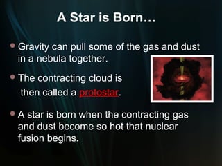 A Star is Born…

 Gravitycan pull some of the gas and dust
 in a nebula together.
 The contracting cloud is
  then called a protostar.

A star is born when the contracting gas
 and dust become so hot that nuclear
 fusion begins.
 