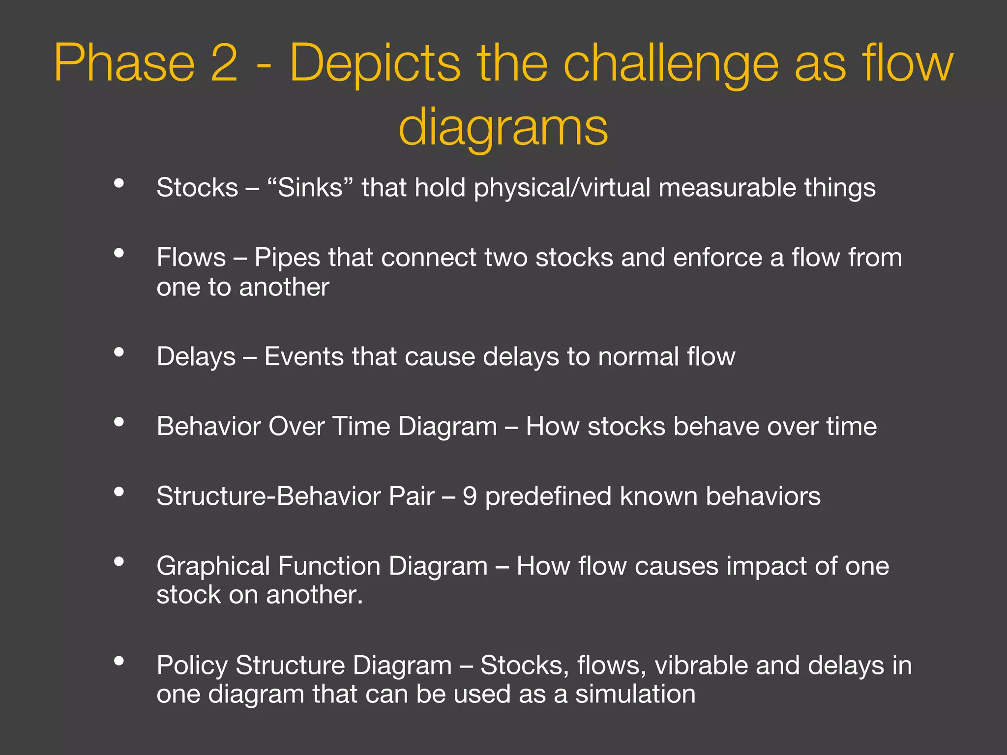 • Stocks – “Sinks” that hold physical/virtual measurable things
• Flows – Pipes that connect two stocks and enforce a flow from
one to another
• Delays – Events that cause delays to normal flow
• Behavior Over Time Diagram – How stocks behave over time
• Structure-Behavior Pair – 9 predefined known behaviors
• Graphical Function Diagram – How flow causes impact of one
stock on another.
• Policy Structure Diagram – Stocks, flows, vibrable and delays in
one diagram that can be used as a simulation
Phase 2 - Depicts the challenge as flow
diagrams
 