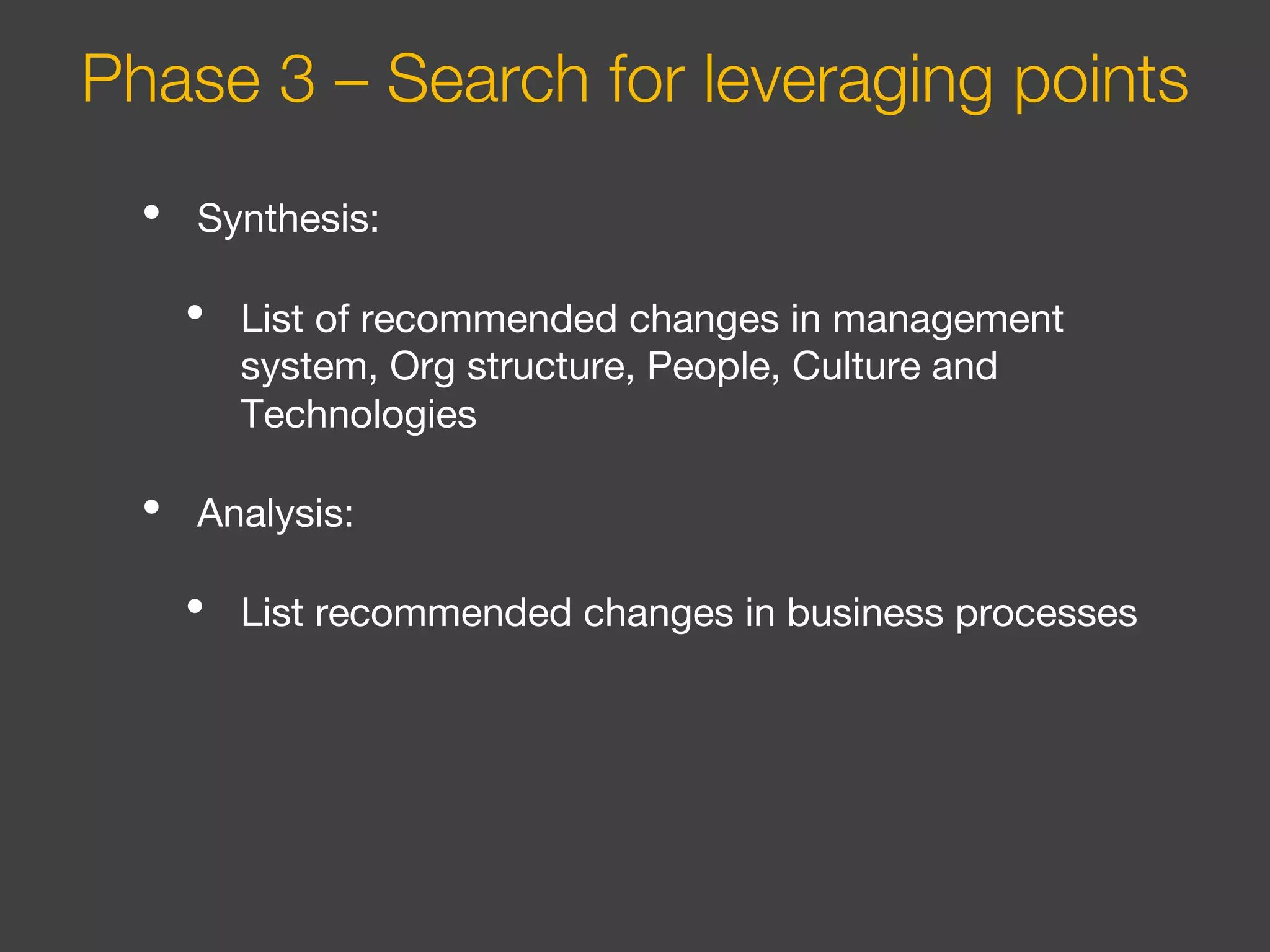 • Synthesis:
• List of recommended changes in management
system, Org structure, People, Culture and
Technologies
• Analysis:
• List recommended changes in business processes
Phase 3 – Search for leveraging points
 