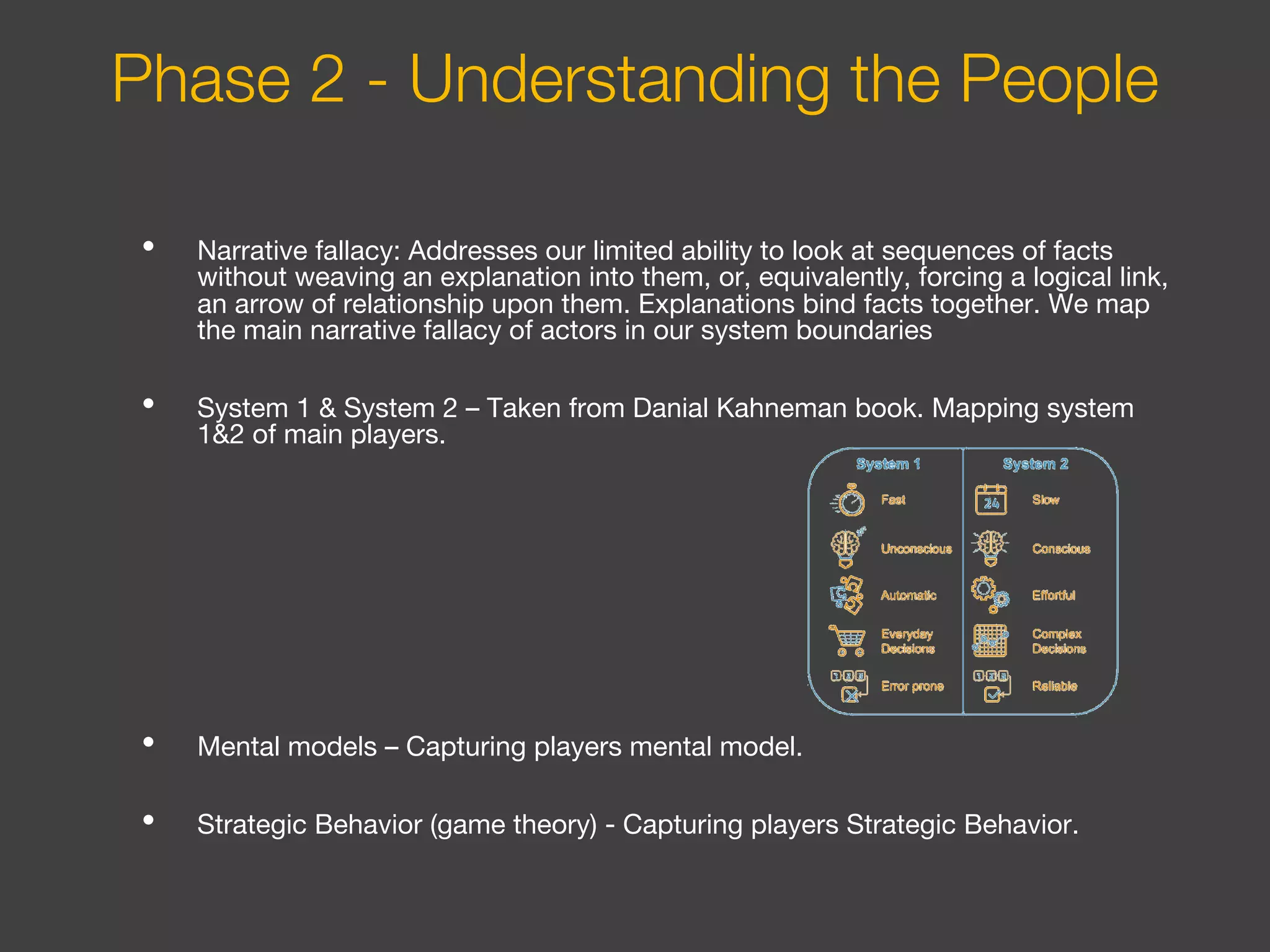 • Narrative fallacy: Addresses our limited ability to look at sequences of facts
without weaving an explanation into them, or, equivalently, forcing a logical link,
an arrow of relationship upon them. Explanations bind facts together. We map
the main narrative fallacy of actors in our system boundaries
• System 1 & System 2 – Taken from Danial Kahneman book. Mapping system
1&2 of main players.
• Mental models – Capturing players mental model.
• Strategic Behavior (game theory) - Capturing players Strategic Behavior.
Phase 2 - Understanding the People
 