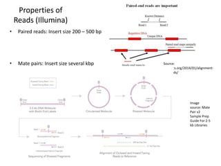 Properties of
Reads (Illumina)
• Paired reads: Insert size 200 – 500 bp
• Mate pairs: Insert size several kbp Source:
evomics.org/2014/01/alignment-
methods/
Image
source: Mate
Pair v2
Sample Prep
Guide For 2-5
kb Libraries
 