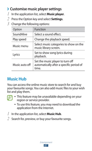 Entertainment
87
Customise music player settings››
In the application list, select1	 Music player.
Press the Option key and select2	 Settings.
Change the following options:3	
Option Function
SoundAlive Select a sound effect.
Play speed Change the playback speed.
Music menu
Select music categories to show on the
music library screen.
Lyrics
Set to show song lyrics during
playback.
Music auto off
Set the music player to turn off
automatically after a specific period of
time.
Music Hub
You can access the online music store to search for and buy
your favourite songs.You can also add music files to your wish
list and play them.
This feature may be unavailable depending on your●●
region or service provider.
To use this feature, you may need to download the●●
application from the Internet.
In the application list, select1	 Music Hub.
Search for, preview, or buy your favourite songs.2	
 