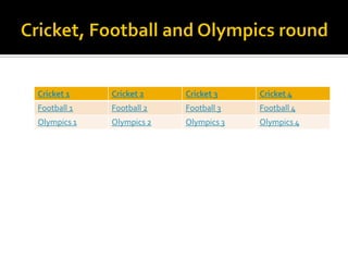 Cricket 1 Cricket 2 Cricket 3 Cricket 4
Football 1 Football 2 Football 3 Football 4
Olympics 1 Olympics 2 Olympics 3 Olympics 4
 